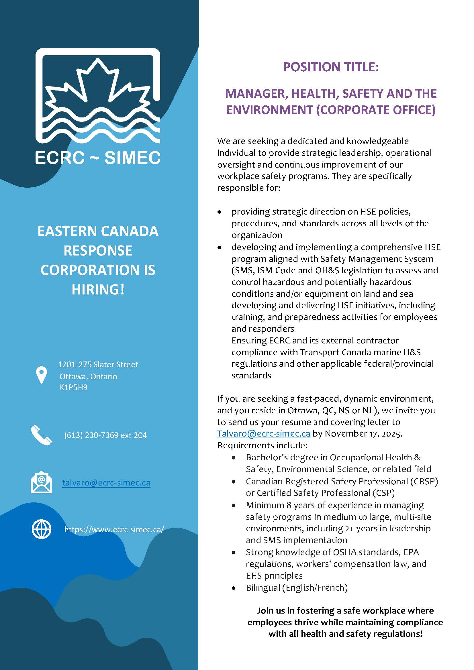 Manager, Health, Safety and Environment